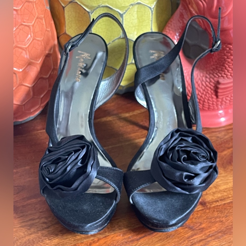 Marciano Black Satin Strappy Platform Heels with Rosettes